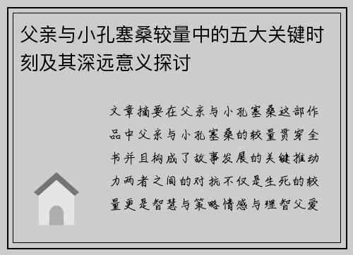 父亲与小孔塞桑较量中的五大关键时刻及其深远意义探讨
